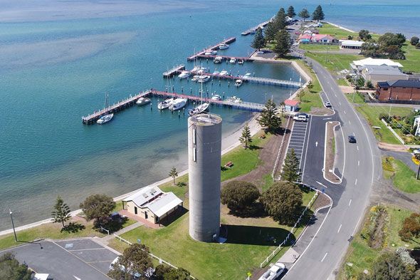Aerial view of an elevated water tank captured during a drone inspection