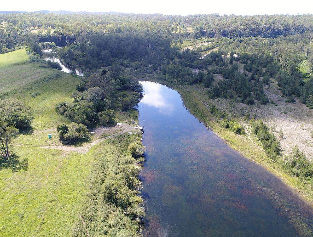 Aerial view of a river running through bushland