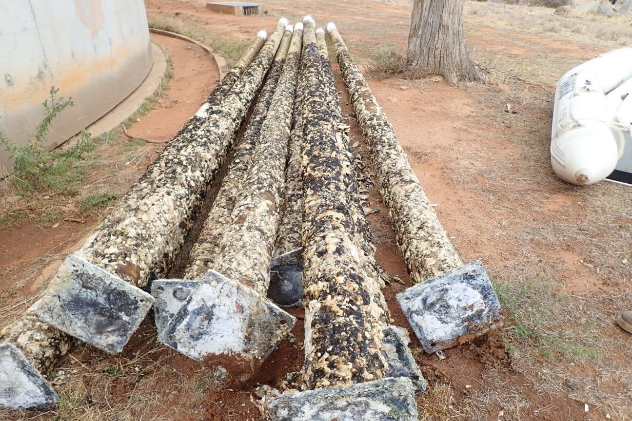 Corroded reservoir support posts, heavily encrusted with scale, laid outside the tank after removal