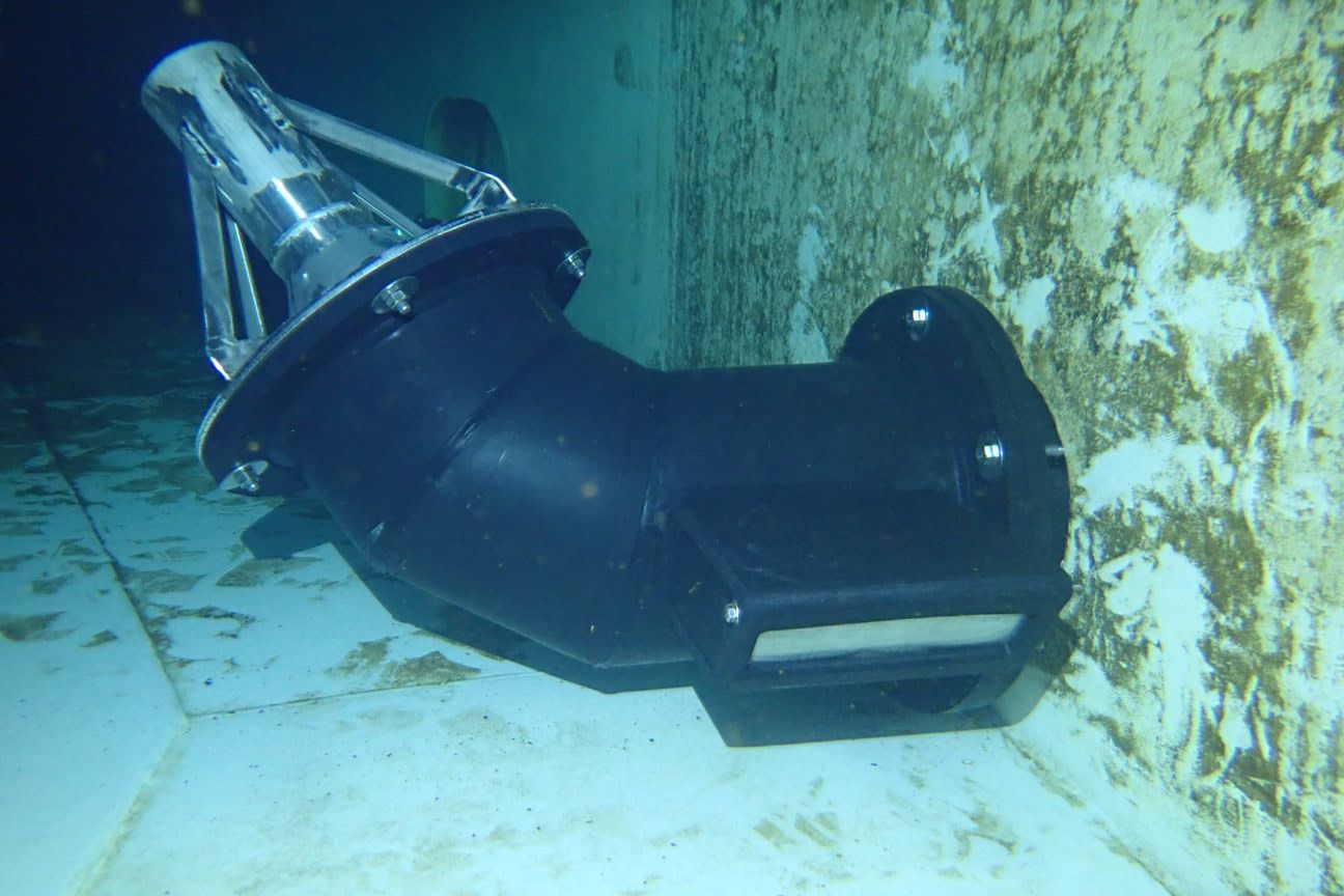 HDPE two-way nozzle fitted to a reservoir wall inlet underwater, with stainless steel diffuser
